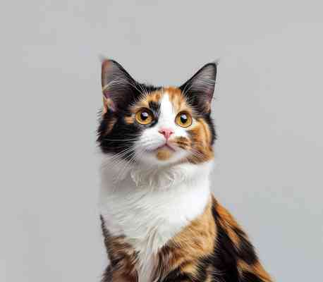 Calico cat with a mix of black, orange, and white fur, looking upward against a gray background.