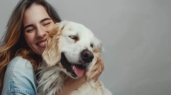 Smiling person hugging a happy golden retriever with closed eyes against a gray background.