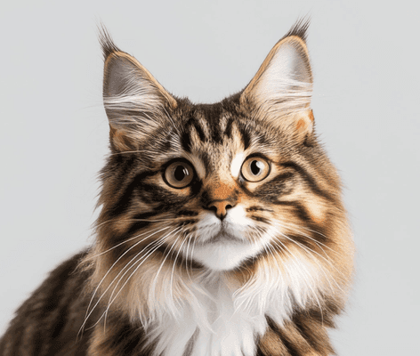 Fluffy tabby cat with large ears and bright green eyes, looking alert against a light gray background.